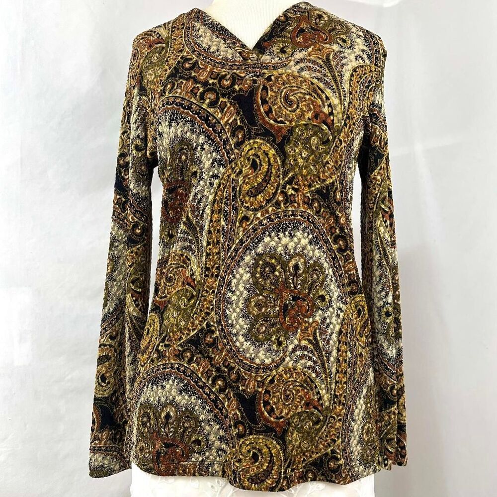 90s MONTEREY BAY Black‎ Gold Paisley V Neck Long Sleeve Top Womens M READ Whimsy